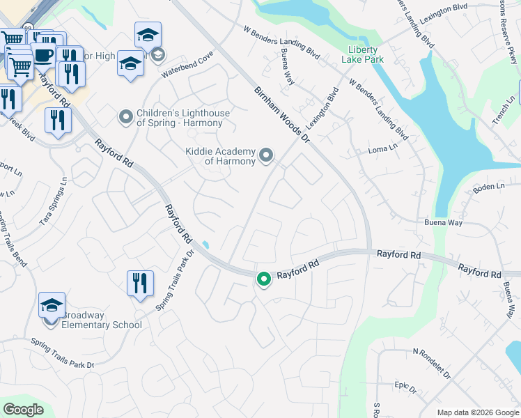 map of restaurants, bars, coffee shops, grocery stores, and more near 3534 Gambel Drive in Spring