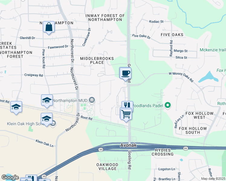 map of restaurants, bars, coffee shops, grocery stores, and more near in The Woodlands