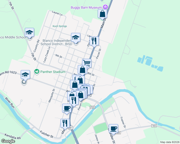 map of restaurants, bars, coffee shops, grocery stores, and more near 1111 Pecan Street in Blanco