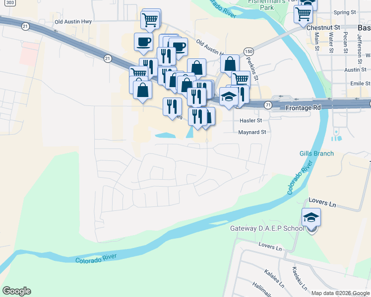 map of restaurants, bars, coffee shops, grocery stores, and more near 206 Hidden Springs Drive in Bastrop
