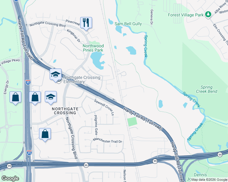 map of restaurants, bars, coffee shops, grocery stores, and more near 738 Cape Cottage Lane in Spring