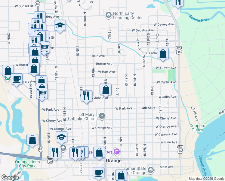 map of restaurants, bars, coffee shops, grocery stores, and more near 703 West Curtis Avenue in Orange