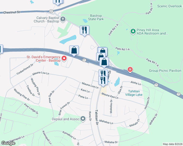 map of restaurants, bars, coffee shops, grocery stores, and more near 102a Commercial Drive in Bastrop