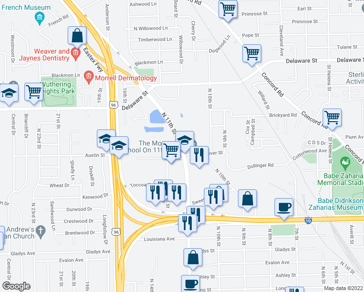 map of restaurants, bars, coffee shops, grocery stores, and more near 2574 North 11th Street in Beaumont