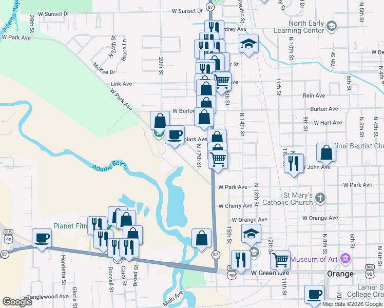 map of restaurants, bars, coffee shops, grocery stores, and more near 1207 North 17th Street in Orange