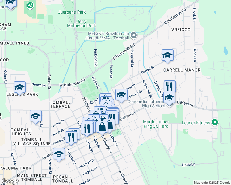 map of restaurants, bars, coffee shops, grocery stores, and more near 502 Peach Street in Tomball