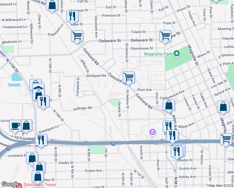 map of restaurants, bars, coffee shops, grocery stores, and more near 56 C D South Drive in Beaumont