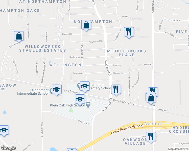 map of restaurants, bars, coffee shops, grocery stores, and more near 6307 Bayonne Drive in Spring