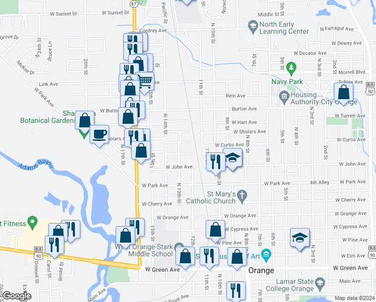 map of restaurants, bars, coffee shops, grocery stores, and more near 1306 West Curtis Avenue in Orange