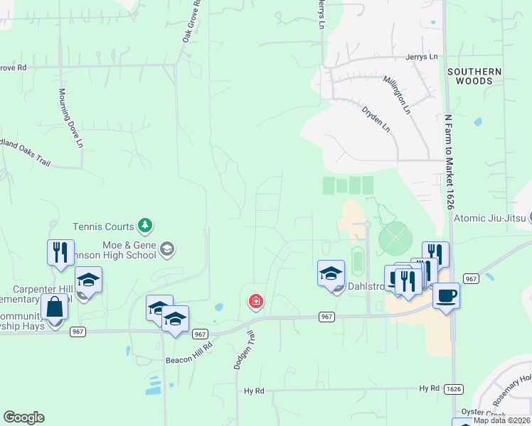 map of restaurants, bars, coffee shops, grocery stores, and more near 3820 Farm to Market 967 in Buda