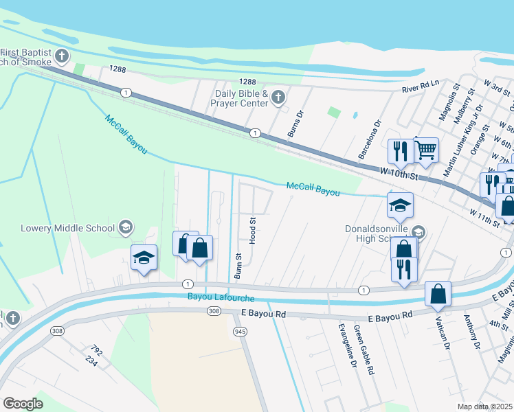 map of restaurants, bars, coffee shops, grocery stores, and more near 405 Hood Street in Donaldsonville