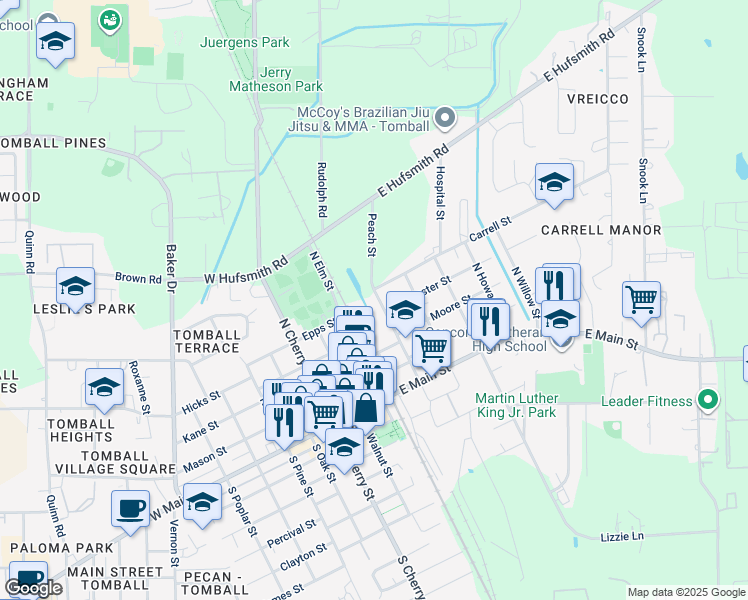 map of restaurants, bars, coffee shops, grocery stores, and more near 502 Peach Street in Tomball