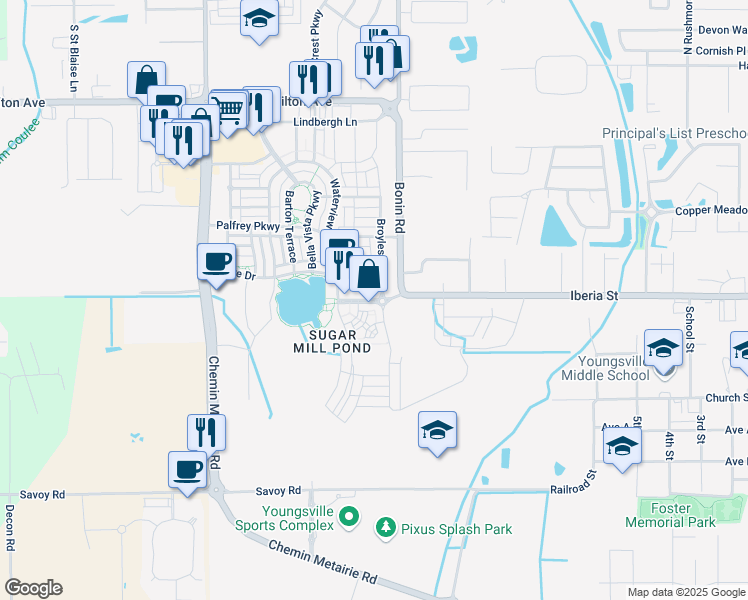 map of restaurants, bars, coffee shops, grocery stores, and more near Prescott Boulevard in Youngsville