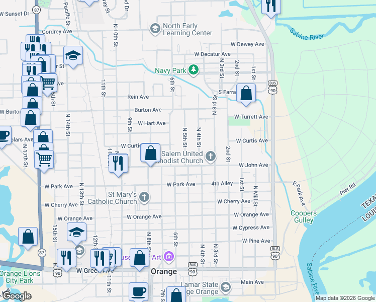 map of restaurants, bars, coffee shops, grocery stores, and more near 1115 5th Street in Orange