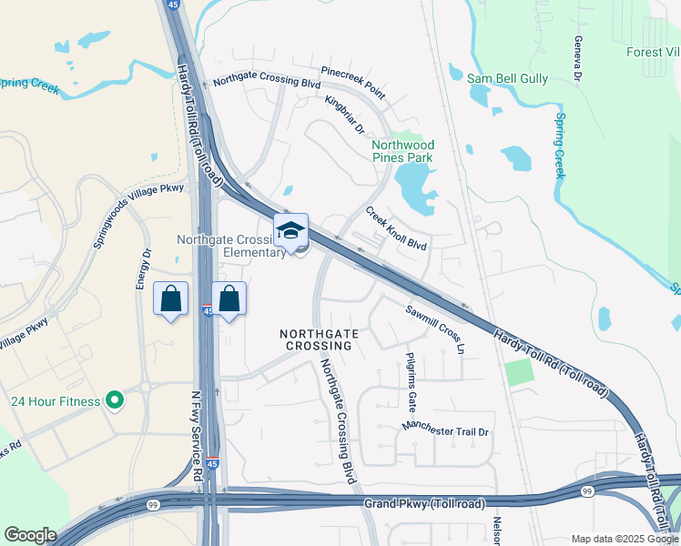 map of restaurants, bars, coffee shops, grocery stores, and more near Hardy Freeway in Spring