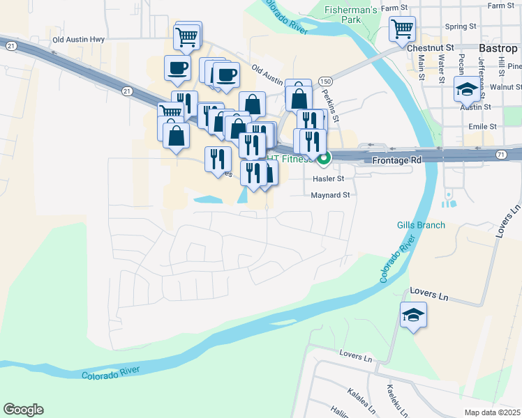 map of restaurants, bars, coffee shops, grocery stores, and more near 117 Calm Water Loop in Bastrop