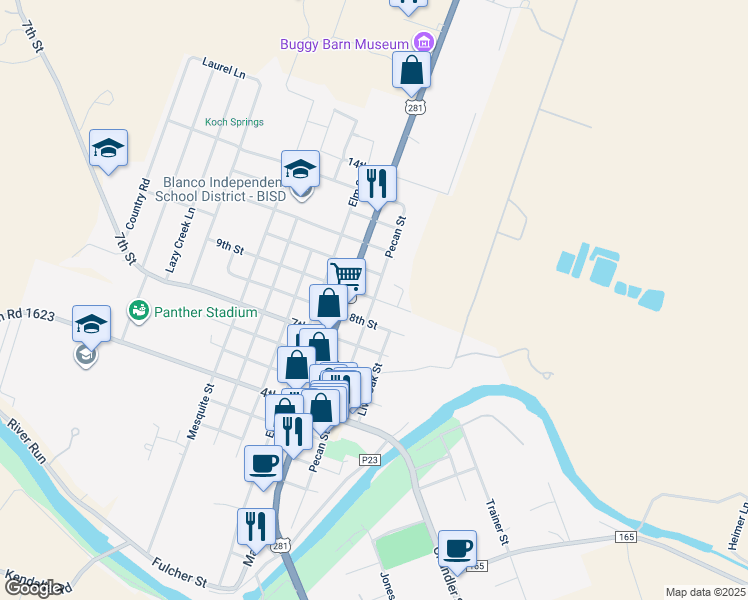 map of restaurants, bars, coffee shops, grocery stores, and more near 1111 Pecan Street in Blanco