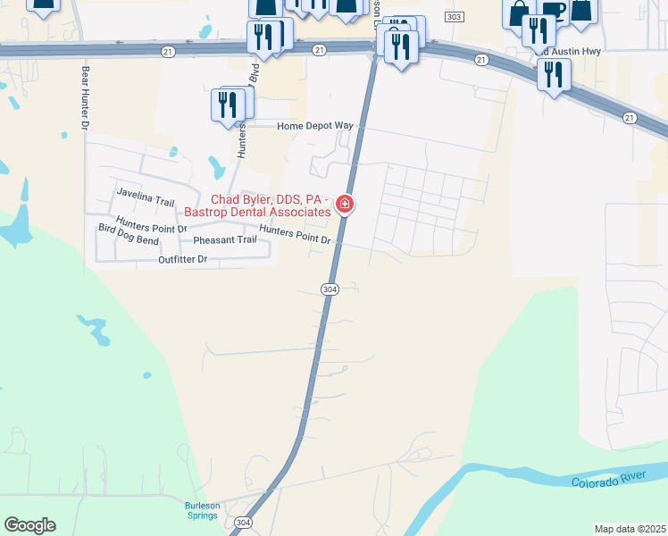 map of restaurants, bars, coffee shops, grocery stores, and more near 232 Texas 304 in Bastrop