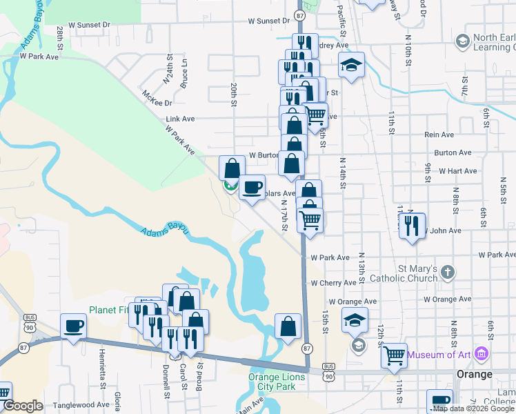 map of restaurants, bars, coffee shops, grocery stores, and more near 2000 West Park Avenue in Orange