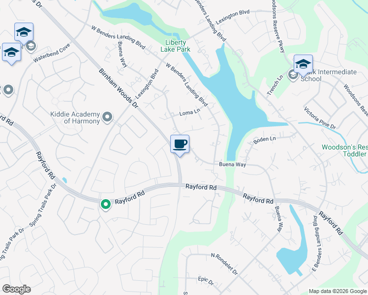 map of restaurants, bars, coffee shops, grocery stores, and more near 28107 Buena Way in Spring