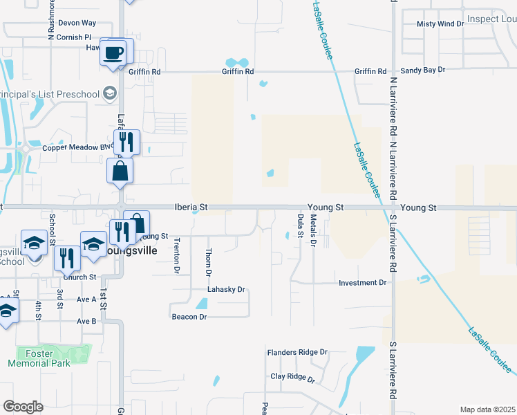 map of restaurants, bars, coffee shops, grocery stores, and more near Young Street in Youngsville