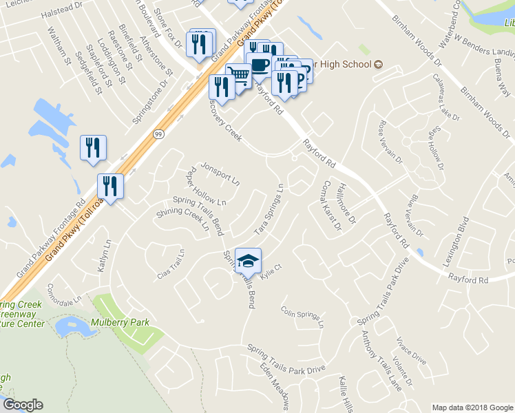 map of restaurants, bars, coffee shops, grocery stores, and more near 2431 Colonial Springs Lane in Spring