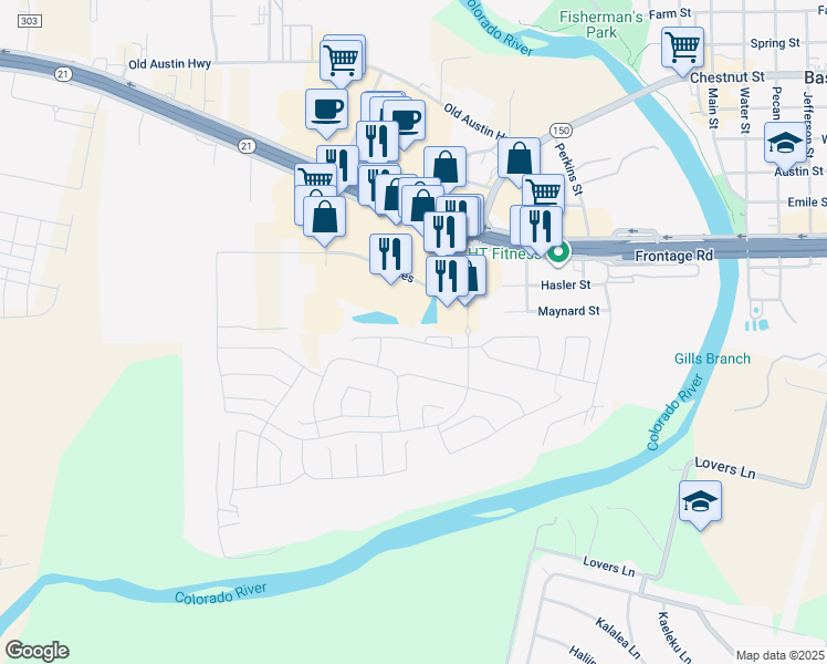 map of restaurants, bars, coffee shops, grocery stores, and more near 206 Hidden Springs Drive in Bastrop