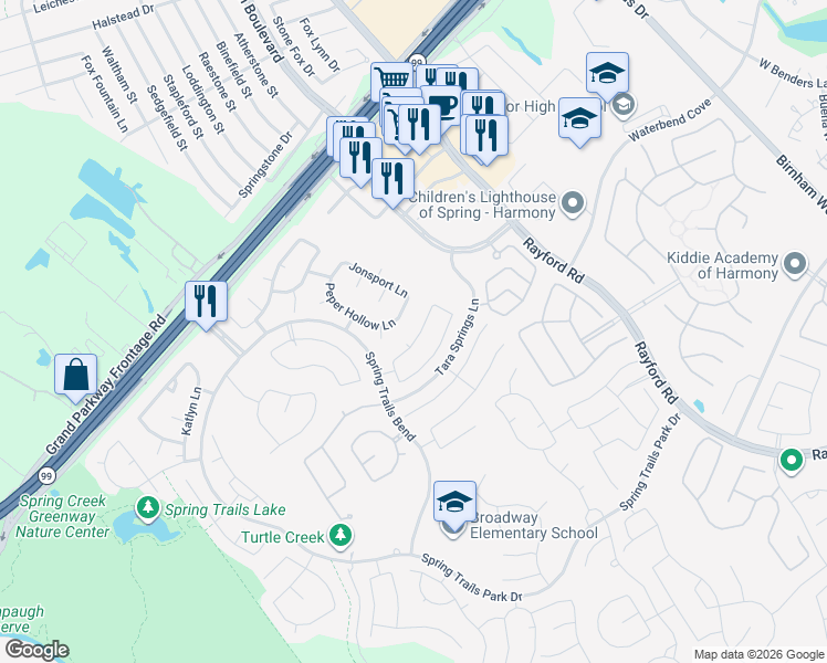 map of restaurants, bars, coffee shops, grocery stores, and more near 28235 Peper Hollow Lane in Spring
