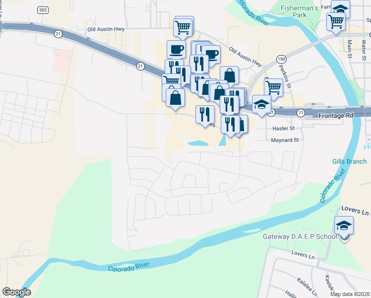 map of restaurants, bars, coffee shops, grocery stores, and more near 239 Hidden Springs Drive in Bastrop