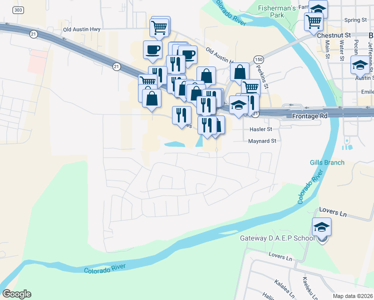 map of restaurants, bars, coffee shops, grocery stores, and more near 206 Hidden Springs Drive in Bastrop