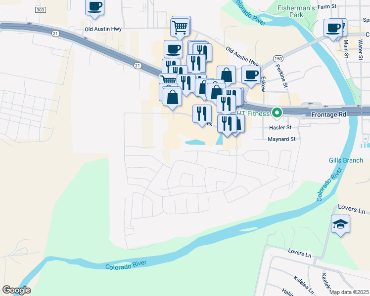map of restaurants, bars, coffee shops, grocery stores, and more near 239 Hidden Springs Drive in Bastrop