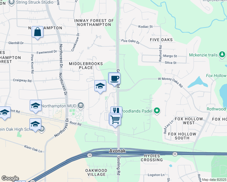 map of restaurants, bars, coffee shops, grocery stores, and more near 23223 Gosling Road in Spring