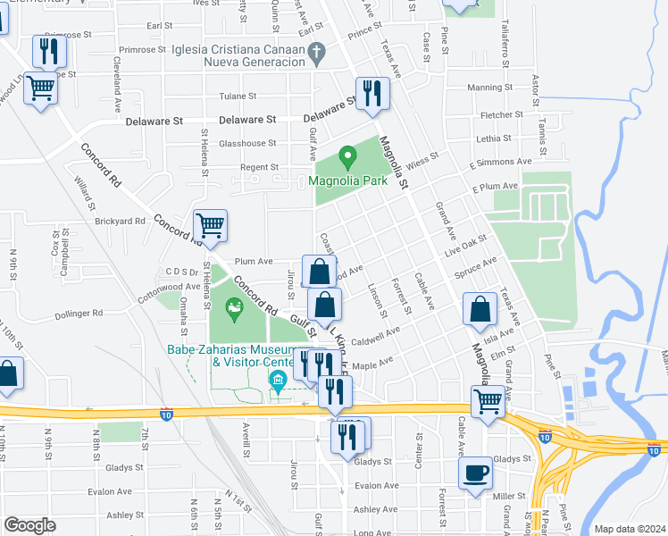 map of restaurants, bars, coffee shops, grocery stores, and more near 2567 Coast Street in Beaumont