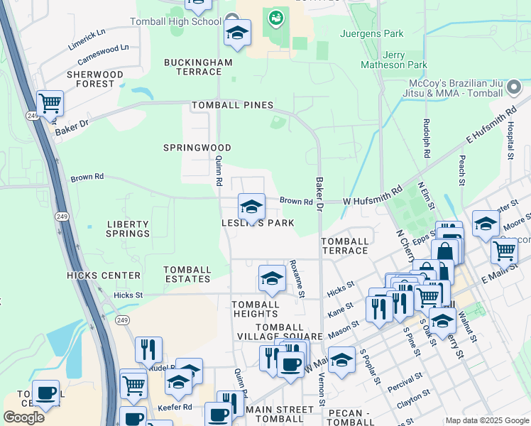 map of restaurants, bars, coffee shops, grocery stores, and more near 1110 Inwood Street in Tomball
