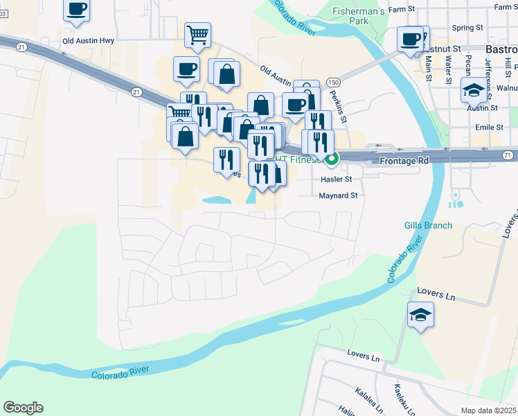 map of restaurants, bars, coffee shops, grocery stores, and more near 117 Calm Water Loop in Bastrop