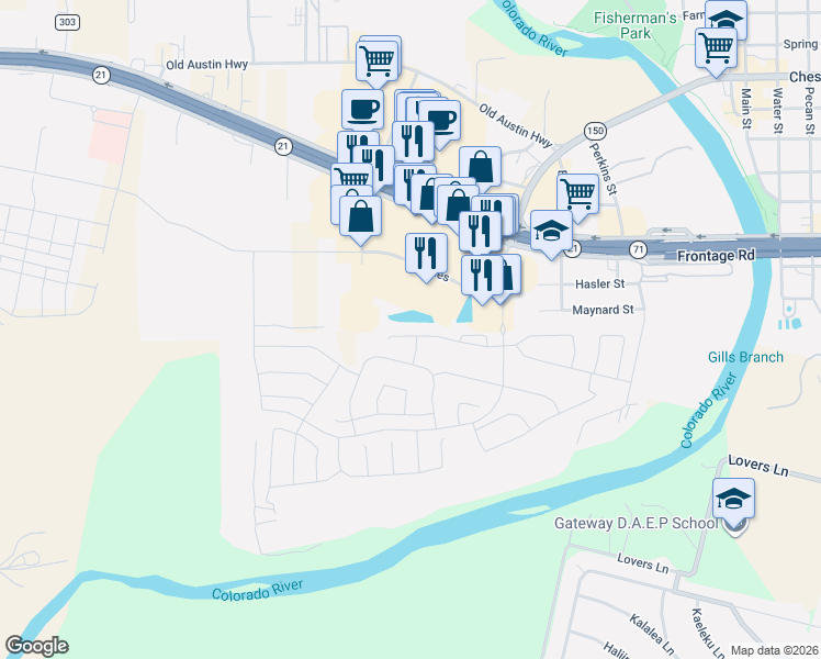 map of restaurants, bars, coffee shops, grocery stores, and more near 239 Hidden Springs Drive in Bastrop