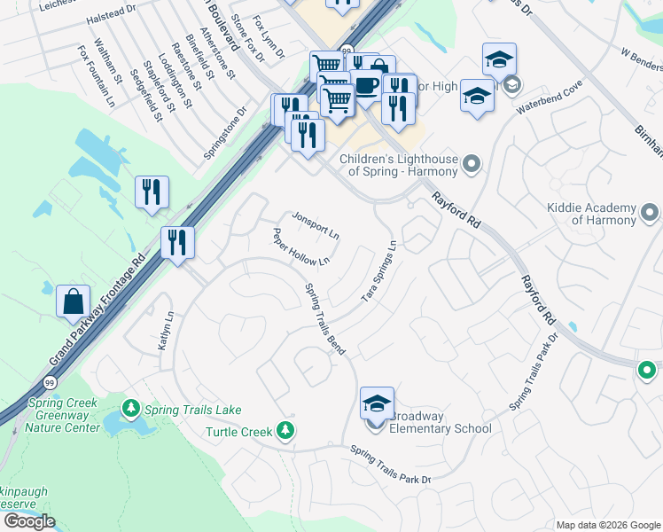 map of restaurants, bars, coffee shops, grocery stores, and more near 28235 Peper Hollow Ln in Spring