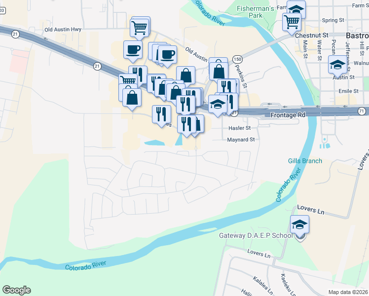 map of restaurants, bars, coffee shops, grocery stores, and more near 117 Calm Water Loop in Bastrop