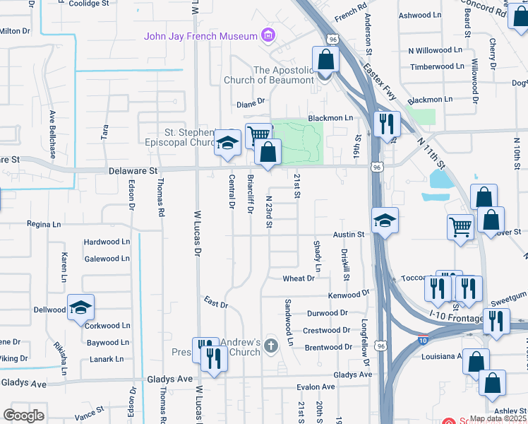 map of restaurants, bars, coffee shops, grocery stores, and more near 2225 North 23rd Street in Beaumont