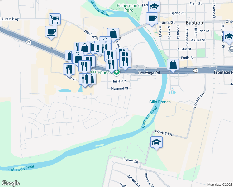 map of restaurants, bars, coffee shops, grocery stores, and more near 114 Swift Water Loop in Bastrop