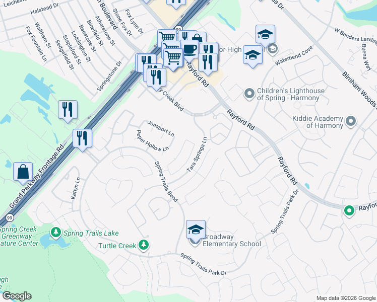 map of restaurants, bars, coffee shops, grocery stores, and more near 2431 Colonial Springs Lane in Spring