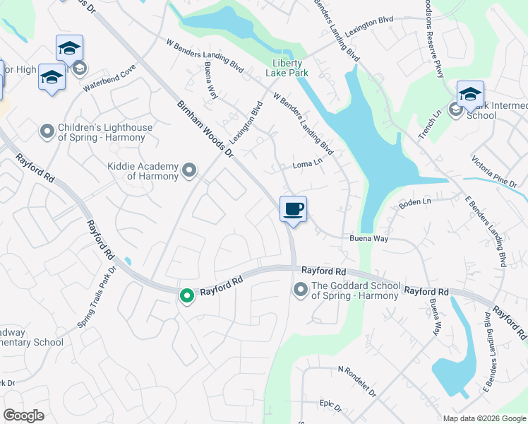 map of restaurants, bars, coffee shops, grocery stores, and more near 3814 Withering Elm Lane in Spring