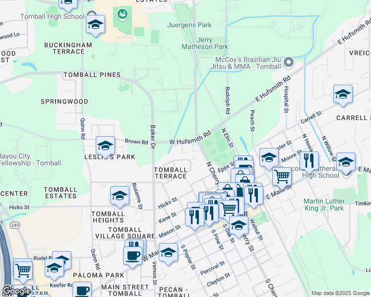map of restaurants, bars, coffee shops, grocery stores, and more near 327 West Hufsmith Road in Tomball