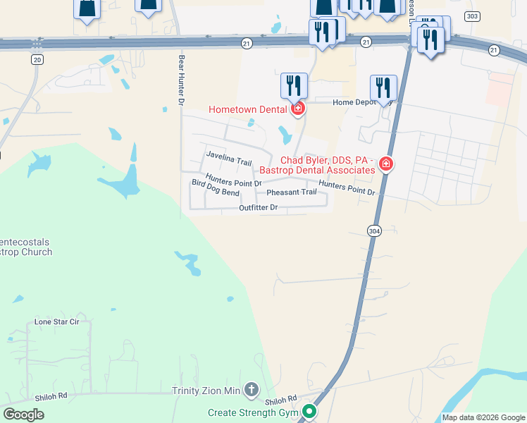 map of restaurants, bars, coffee shops, grocery stores, and more near 214 Outfitter Drive in Bastrop