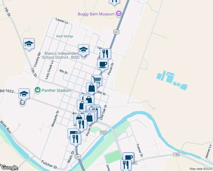 map of restaurants, bars, coffee shops, grocery stores, and more near 1111 Pecan Street in Blanco
