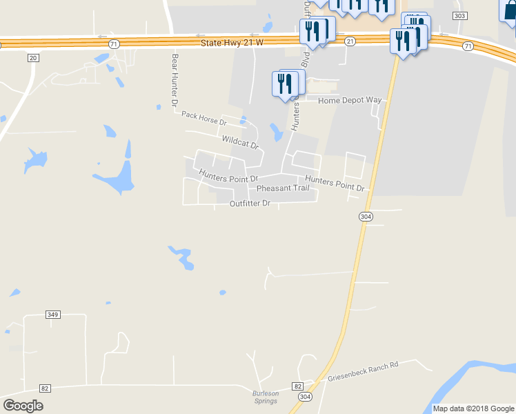 map of restaurants, bars, coffee shops, grocery stores, and more near 214 Outfitter Drive in Bastrop