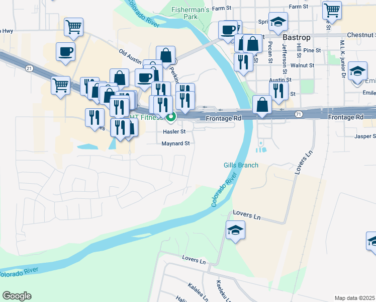 map of restaurants, bars, coffee shops, grocery stores, and more near 126 Swift Water Loop in Bastrop
