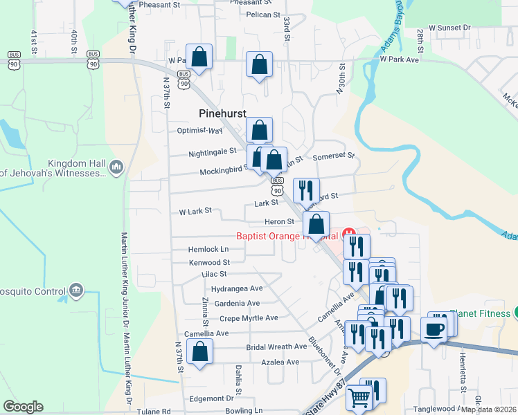 map of restaurants, bars, coffee shops, grocery stores, and more near 3431 Lark Street in Orange