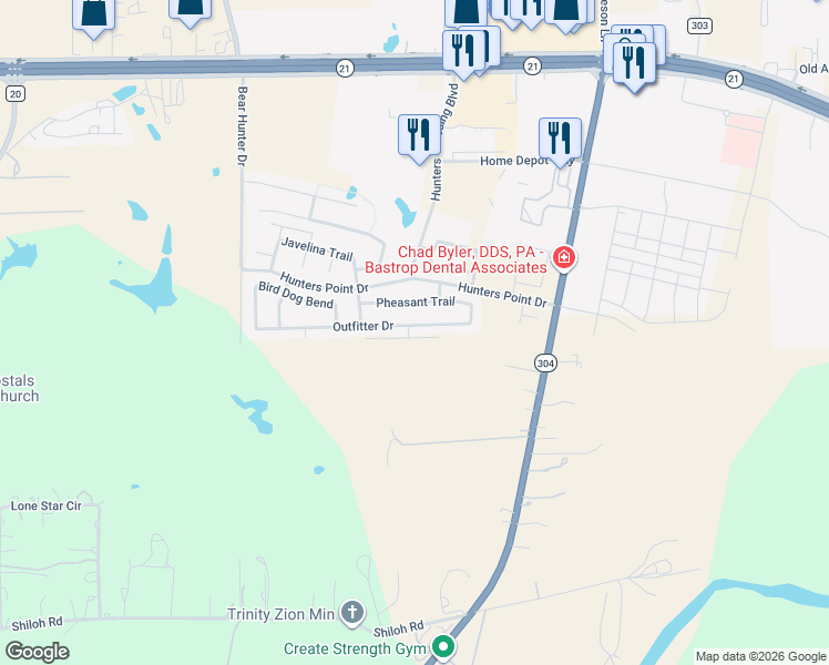 map of restaurants, bars, coffee shops, grocery stores, and more near 120 Outfitter Drive in Bastrop