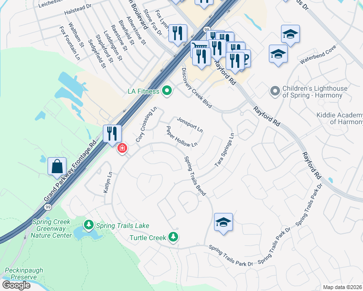 map of restaurants, bars, coffee shops, grocery stores, and more near 28315 Peper Hollow Lane in Spring